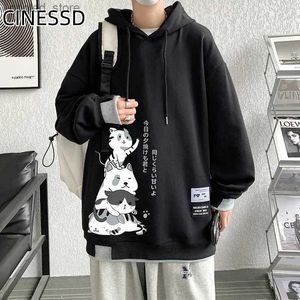 Maglioni da uomo Nuovi uomini Cartoonl Anime Cat Felpa in schiuma Stampa Coppia con cappuccio Manica lunga Allentato Giapponese Harajuku Street Boy Pullover Maglione Q231115