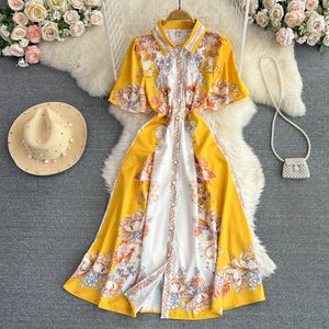 Casual Dresses 2023 Fashion Runway Designer Summer Dress Women's Shirt Collar Short Sleeve Floral Print Single Breasted Midi Party Vestidos