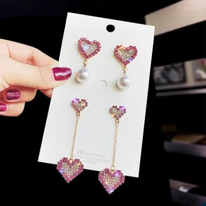 Stud Earrings Needle Personality Fashion Love Full Tassel Pearl Sweet Online Celebrity Pink Heart Long