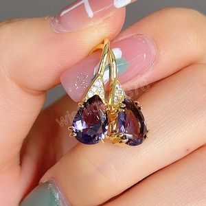 Charm Luxury Gold Color Purple Pear CZ Drop Earrings Unique Womens Earrings Exquisite Gift Temperament Lady Jewelry