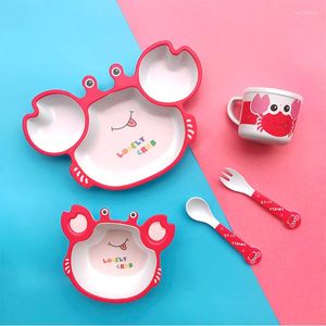 Dinnerware Sets Children's Cutlery Set Household Cute Cartoon Bamboo Fiber Baby Partition Dinner Plate Meal Bowl Spoon Fork
