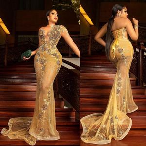 Plus Size Oro Lussuoso Abiti da ballo Maniche lunghe Collo trasparente Decorato Colorato Perline e paillettes Sirena Abiti da sera stile pizzo africano Nigeria