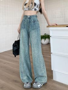 Jeans femininos Mulheres na cintura alta perna larga para meninas altas harajuku streetwear design de corte de bolsos longos de jeans longa