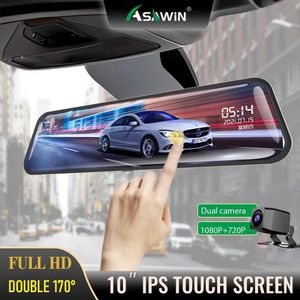 Car DVRs Asawin H5C 10 In Rear View Mirror Dashcam Front And Back For Car DVR Camera Dual Lens FULL Screen Touch IPS 24H Park Mode Q231115