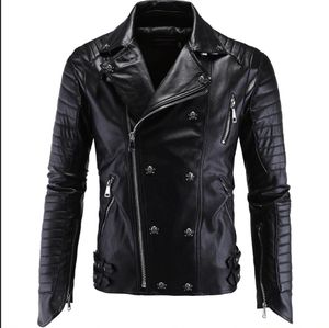 Spring Punk Style Skull Jackets Men Black Casual Slim Skull Splice Pu Leather Jacket For Men Size M-5XL