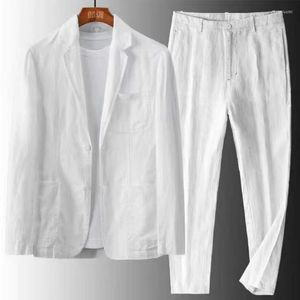 Мужские спортивные костюмы, мужской комплект из 2 предметов, льняной карман, сплошной белый, черный, повседневный деловой мужской костюм, деловая одежда, куртка, длинные штаны для выпускного вечера