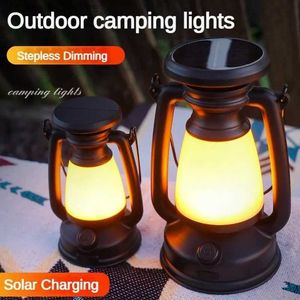 Lanterna de acampamento Nova Lanterna Solar Retro Camping TYPE-C Recarregável Multifuncional Ao Ar Livre À Prova D 'Água Portátil Pendurado Tenda Luz Atmosfera Lâmpada Q231116