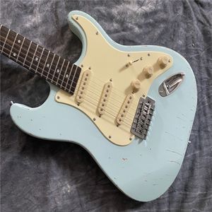 Guitarra elétrica de 6 cordas, céu azul retro vintage bordo pescoço escala de madeira rosa