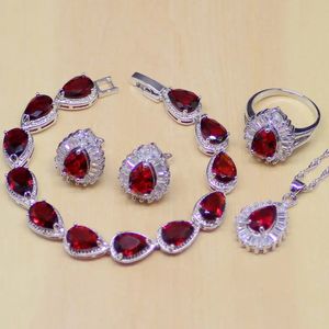 Wedding Jewelry Sets Water Drop Red Ruby White Topaz 925 Sterling Silver Jewelry Sets Women Stud Earrings/Pendant/Necklace/Ring/Bracelet Gift 231115