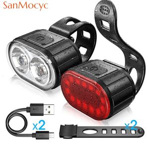 Cykelbelysningar Cykling Bicycle Front Bak Light Set USB Laddningsstrålkastare MTB Vattentät bakljus LED Lykta Tillbehör 231115