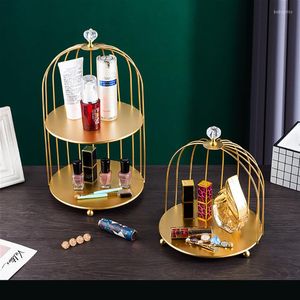 Haken 2-lagiges Kosmetik-Lagerregal Nordic Gold Cake Cupcake Display Stand Holder Birdcage Desktop Badezimmer Cosmetic Organizer