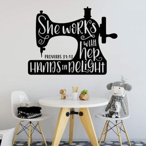 Wall Stickers Sewing Machine She Works With Her Hands In Delight Proverbs 31:13 Decal Sticker Seamstress Craft Room WL998