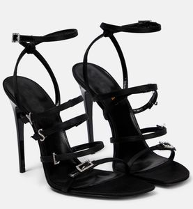 Luxus-Sommer-Marke Jerry Sandalen Schuhe Frauen Kristall-verzierte Satin-Schnallen-Bügel-Absatz-Schwarz-Dame Sandalias-Partei-Hochzeits-Kleid EU35-43