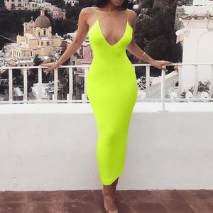 Casual Dresses Spaghetti Strap Deep V Neck Elegant Maxi Robes ärmlös Bodycon Long High midja Solid Skinny Festival Vestidos 2023