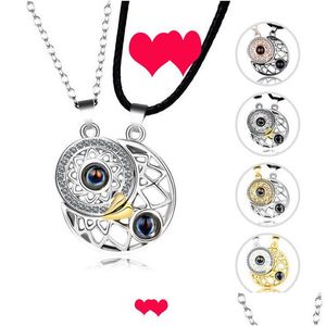 Pendant Necklaces Voleaf Alloy 2Pcs Sun Moon Shape Couple Magnetic Necklaces 100 Languages I Love You Projection Pendant Jewelry For M Dhyif