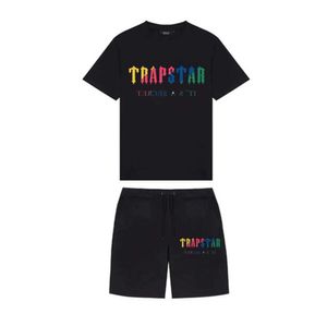 Summer new Trapstar London shooter short-sleeved t shirt suit chenille decoding black ice flavor 2.0 men's round neck T-shirt shorts Classic design 80ess