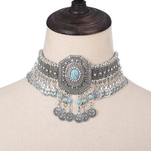 Chokers Etnik İfade Kadınlar İçin Yaka Kolye Bohemian Vintage Goil Geometrik Kristal Boncuklar Para Püskürtülük 231115