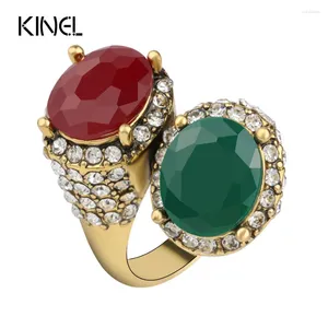 Кольца кластера Kinel, винтажные для женщин, цвет, древнее золото, мозаика, красная смола, объемный белый кристалл, Anillo