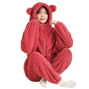 Kvinnors sömnkläder Autumn Winter Women's Sleepwear Plush Flanell Pyjamas Set Thick Fleece Nightwear 2st Set Warm Home Suits S-XL Hoodie Pants 231115