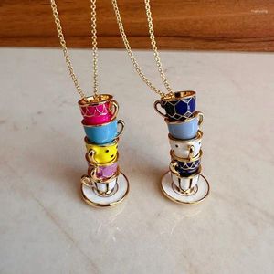 Pendant Necklaces 18K Gold Plated European And American High Class Lovely Retro Court Enamel Drop Glaze Tea Cup Long Necklace