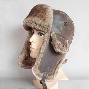 Berets Berets Winter Mens Russian Hat Pu Leather Fur Ear Plugs Warm With Cap Drop Delivery Fashion Accessories Hats, Scarves Gloves Ha Dhovw