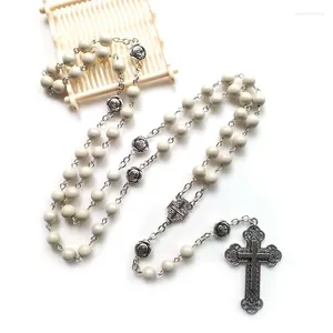 Pendant Necklaces Vintage Cross Rosary Long Metal Rose Acrylic Beads Necklace For Men Women Catholic Jewelry