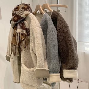 Damen-Fell, Kunstfell, Damen-Lamm-Fleecejacke, einfarbig, Herbst-Winter, koreanische Version, locker, lässig, verdickt, Baseball-Strickjacke, Lammwollmantel, weiblich, 231115