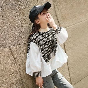 Pullover Girls Sweaters Teens Western Spring irregular Tops Diamond Checkered Printed Childrens Patchwork Shirt Sweater Autumn 231115