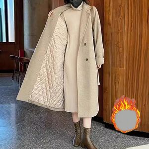 Lana femminile miscele in tweed lapel Assistentato cappotto caldo femmina 2023 Inverno inverno Temperamento a doppio petto coreano sciolto di colore solido casual long 231114