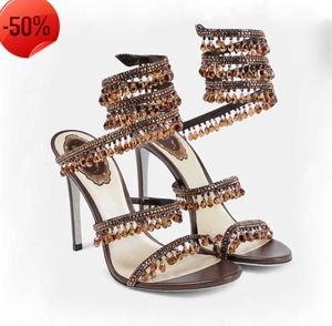 Sandaler Crystal Lamp Stiletto Heel Sandaler för kvinnors sko Rene Caovilla Cleo Rhinestone Studded Snake Strass Shoes Luxurys Designers 9,5 cm High1