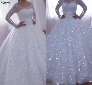 Glittering Sequined White Ivory Ball Gown Wedding Dresses Jewel Neck Long Sleeves Muslim Bridal Gowns Puff Long Train Modern Plus Size Vestidos De Novia Bride CL2927