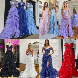 Sparkling Tulle Prom Dress 2k23 Ruffle High Slit Skirt Corset Off-Shoulder Pageant Formal Evening Event Party Runway Black-Tie Gala Wedding Guest Hoco Gown Red Carpet
