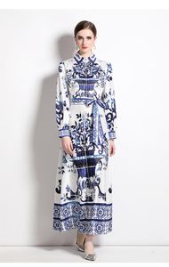 2023 Lässige Kleider Runway Vintage Blau und Weiß Porzellandruck Knöchellanges Kleid Damen Revers Laternenärmel Elegante Schärpen Maxi Vestidos