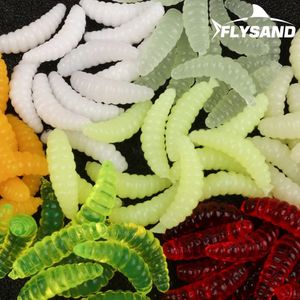 Fishing Hooks FLYSAND 50pcs bag 2cm 0.38g Maggot Grub Soft Lure Baits Seven Colors Smell Worms Glow Shrimps Lures Ocean River 231115