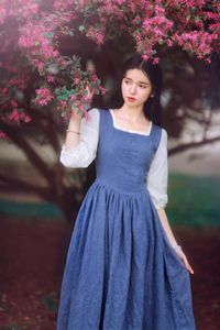 Casual Dresses Spring Autumn Women Vintage Oil Painting Slim Patchwork Comfortable Jacquard Long Blue Cotton Linen