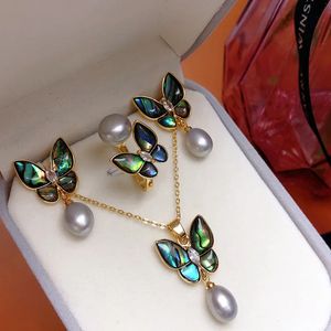 Wedding Jewelry Sets one set freshwater pearl abalone shell white/black/pink/purple rice ring/earrings/pendant/ butterfly 231115