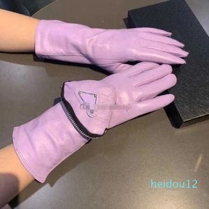 Women Mitten Sheepskin Gloves Winter Genuine Leather Mittens Brands Purple Fingers Glove Warm Cashmere Inside Touch Screen