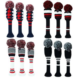 Outros produtos de golfe 3pcs Golf Knit Headcover Protetor de golfe clássico para motorista Fairway Híbrido com Big Pom Golf Head Covers Protetor Preto Branco 231114