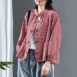 Kvinnors polos #1416 Autumn Shirts Cotton Linen Women Long Sleeve Blouser Ladies Plaid Printed Casual Loose Shirt Female Vintage Topswomen's