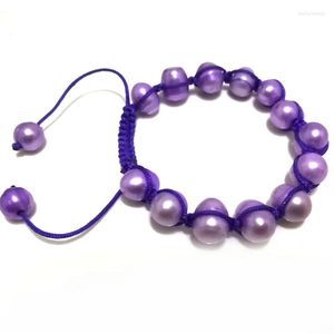 Braccialetti di perle naturali intrecciate regolabili da 9-10 mm con filo viola da 7,5 pollici