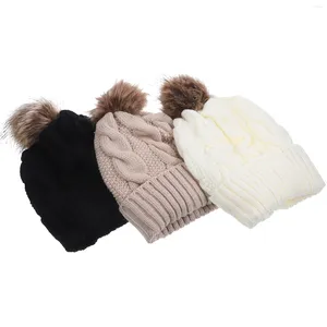 Jaquetas de esqui 3 pcs chapéus de malha mulheres térmica inverno quente protetor de cabeça de bola de cabelo confortável boné feminino