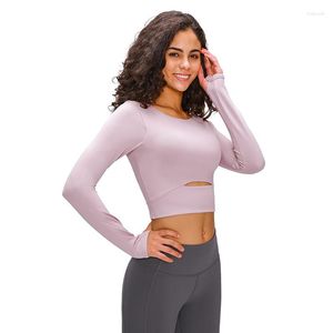 Active Shirts ABS LOLI Cute Front Cutout Long Sleeve Gym Workout Crop Top With Built In Bra Yoga Fitness Sports For Women