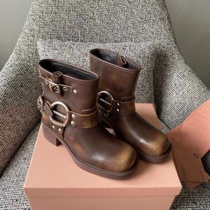 Luxo alta edição m botas curtas 2024 novo outono inverno fivela de cinto salto grosso couro genuíno martin botas femininas ocidentais denim botas