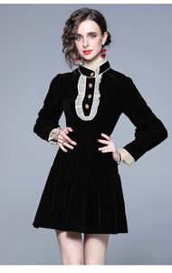 2023 Casual Dresses New Vintage Women Ruffles Stand Collar Black Velvet Dress Autumn Winter Golden Button Long Sleeve Female Office Mini Vestidos