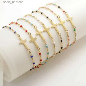 Chain New Fashion Stainless Steel Bracelets Link Cable Chain Cross Golden Enamel Bracelet Jewelry For Women Gifts 18cm Long 1 PCL231115