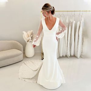 Modern Hollow Back Mermaid Wedding Dresses 3D Appliques Bridal Gowns Deep V Neckline Satin Sweep Train Robe De Mariee