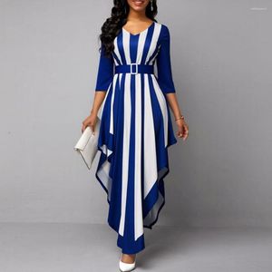 Casual Dresses Apparel Dress Women Summer Stylish V Neck 3/4 Sleeve Vertical Stripes Oregelbundet Hem Belt Long Party