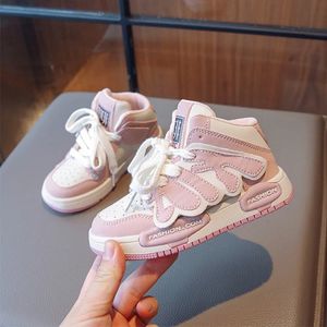 Atlético ao ar livre rosa alto superior crianças sapatos de skate rendas até meninas menino tênis 2023 outono crianças pu couro casual esporte basquete treinadores 2737 231115