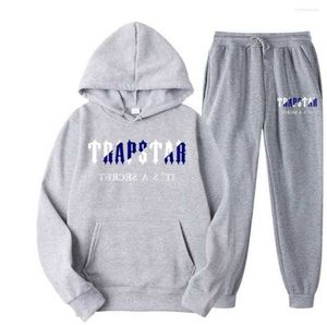 Мужские рубашки T 2023 бренд Trapstar Printed Sportswear Men 15 Colors Теплые две части складывают брюки для толстовки с капюшоном.