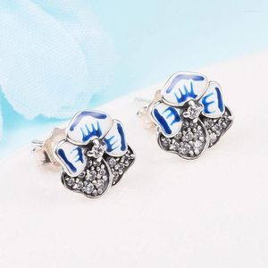 Brincos de garanhão 925 Sterling Silver Blue Pansy Flower Fashion for Women